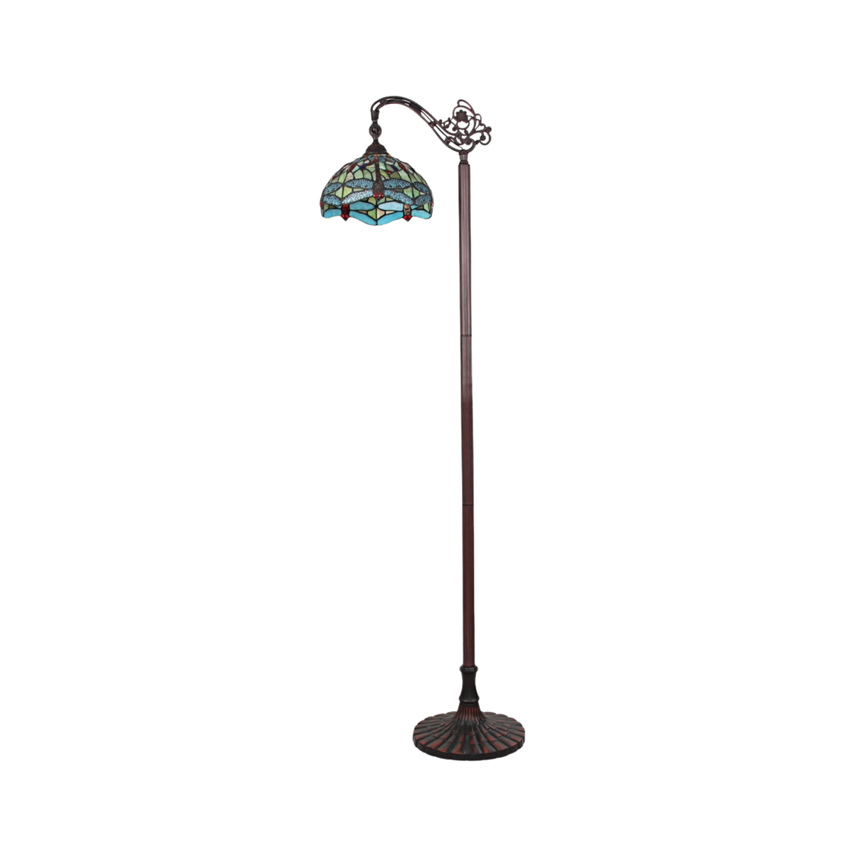 Unlit view. 64-inch Tiffany Glass Floor Lamp Empress Dragonfly Reading by Chloe Lighting