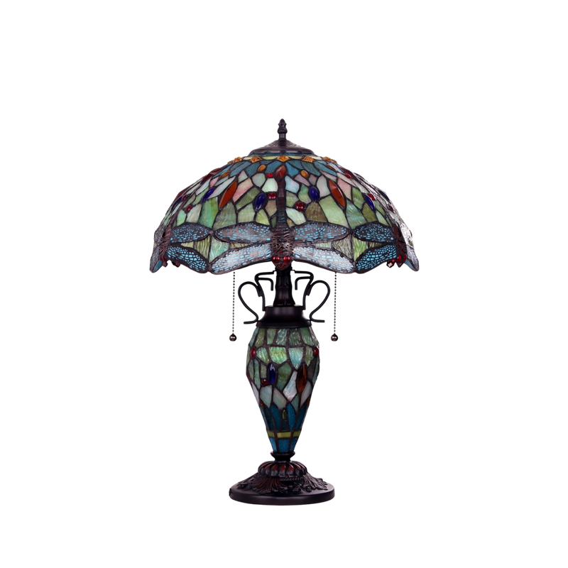 Unlit view. Vintage Tiffany Table Lamp Empress Dragonfly Double Lit by Chloe Lighting