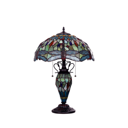 Unlit view. Vintage Tiffany Table Lamp Empress Dragonfly Double Lit by Chloe Lighting