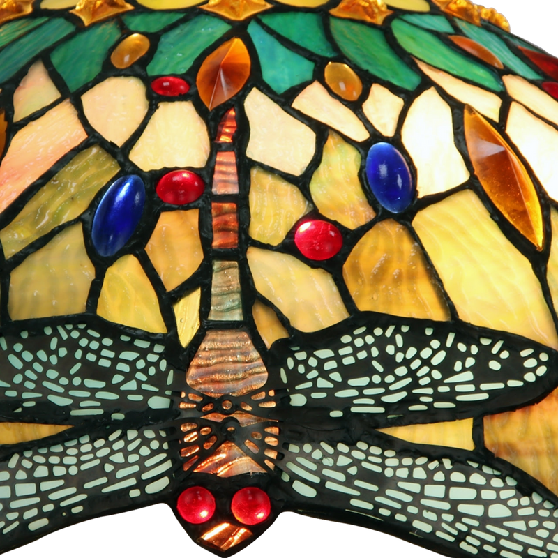 Close-up view of dragonfly detail on stained glass shade. Vintage Tiffany Table Lamp Empress Dragonfly Double Lit by Chloe Lighting