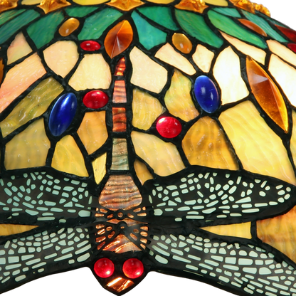 Close-up view of dragonfly detail on stained glass shade. Vintage Tiffany Table Lamp Empress Dragonfly Double Lit by Chloe Lighting