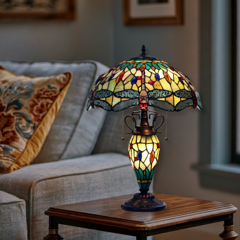 22-inch Vintage Tiffany Table Lamp Empress Dragonfly Double Lit by Chloe Lighting in living room setting