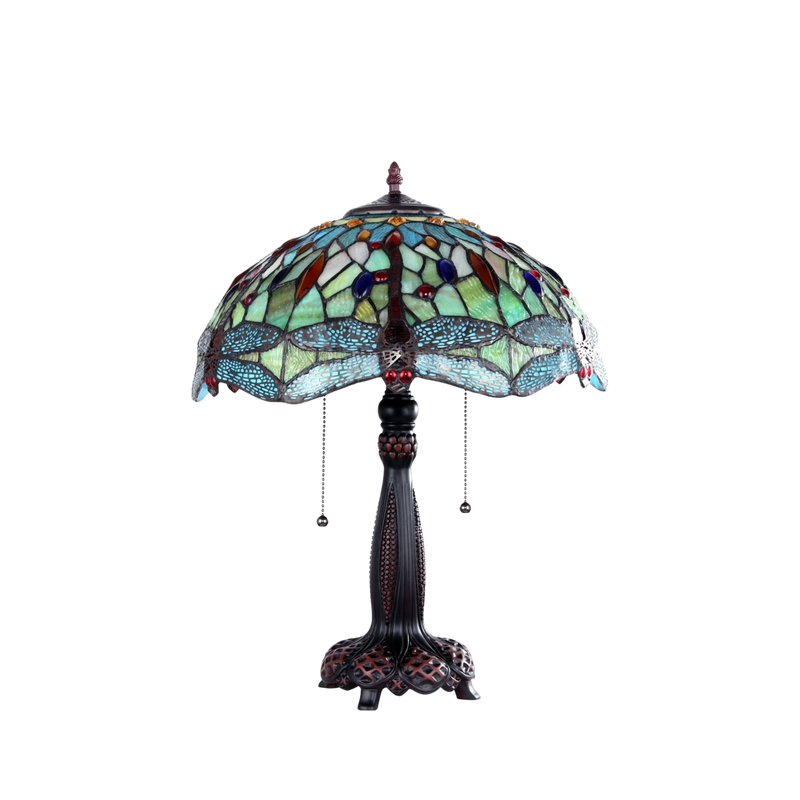 Unlit view. Vintage Tiffany Table Lamp Empress Dragonfly by Chloe Lighting