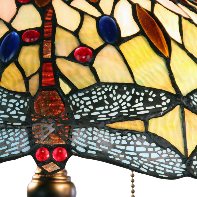 Close-up view of dragonfly detail on stained glass shade. Vintage Tiffany Table Lamp Empress Dragonfly by Chloe Lighting