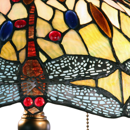 Close-up view of dragonfly detail on stained glass shade. Vintage Tiffany Table Lamp Empress Dragonfly by Chloe Lighting