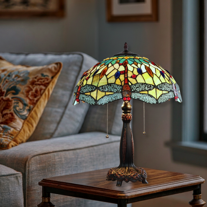 21-inch Vintage Tiffany Table Lamp Empress Dragonfly by Chloe Lighting in living room setting