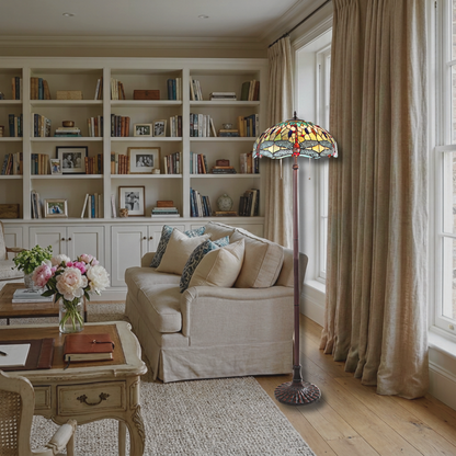 Tiffany Glass Floor Lamp Empress Dragonfly by Chloe Lighting in living room setting. 