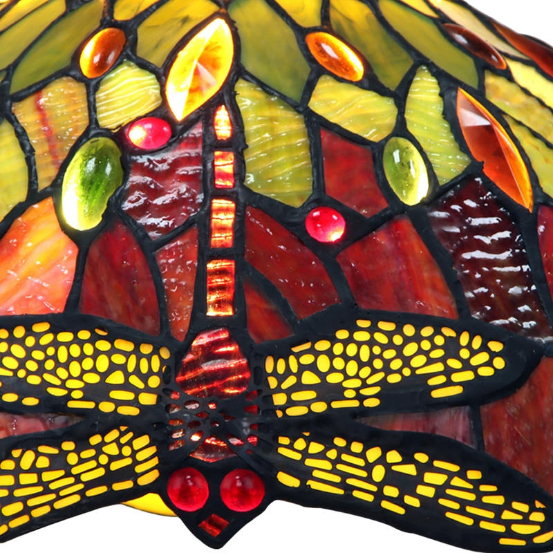 Close-up view of dragonfly detail on stained glass shade. Tiffany Inspired Table Lamp Empress Dragonfly by Chloe Lighting