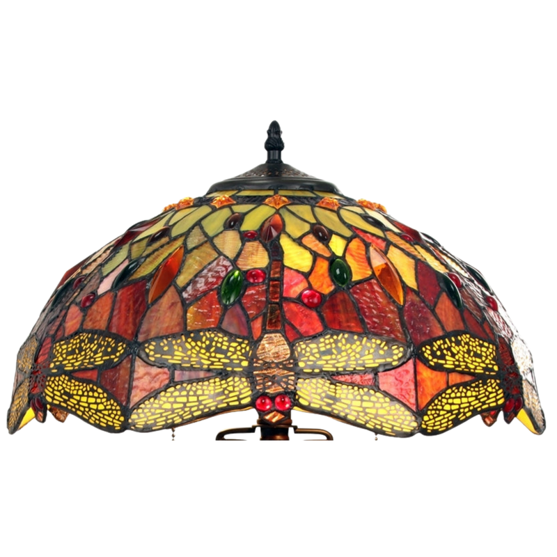 Close-up view of stained glass shade. Tabletop Tiffany Lamp Empress Dragonfly Double Lit by Chloe Lighting
