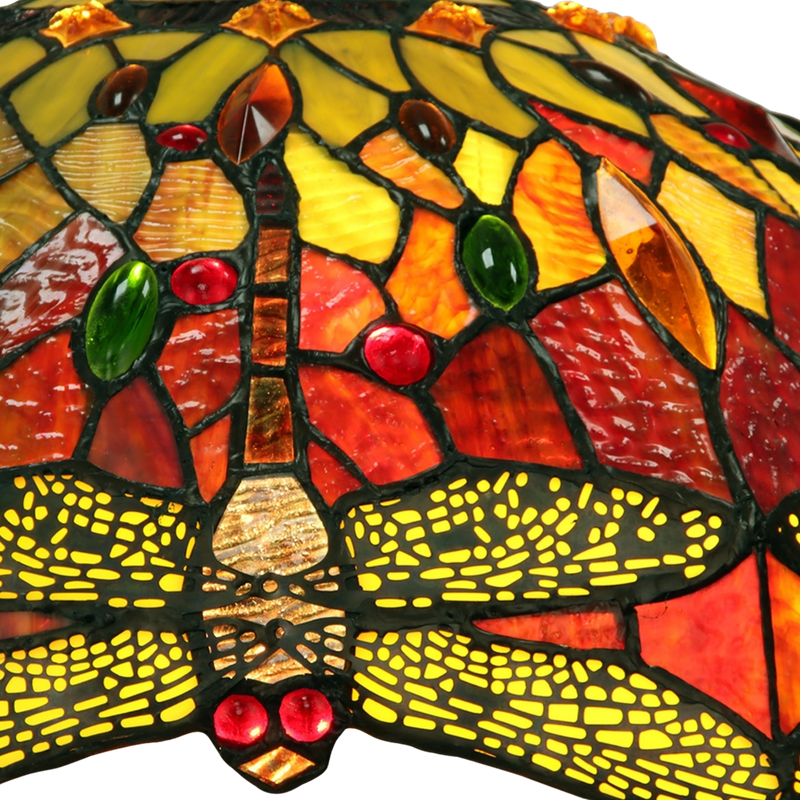 Close-up view of dragonfly detail on stained glass shade. Tabletop Tiffany Lamp Empress Dragonfly Double Lit by Chloe Lighting
