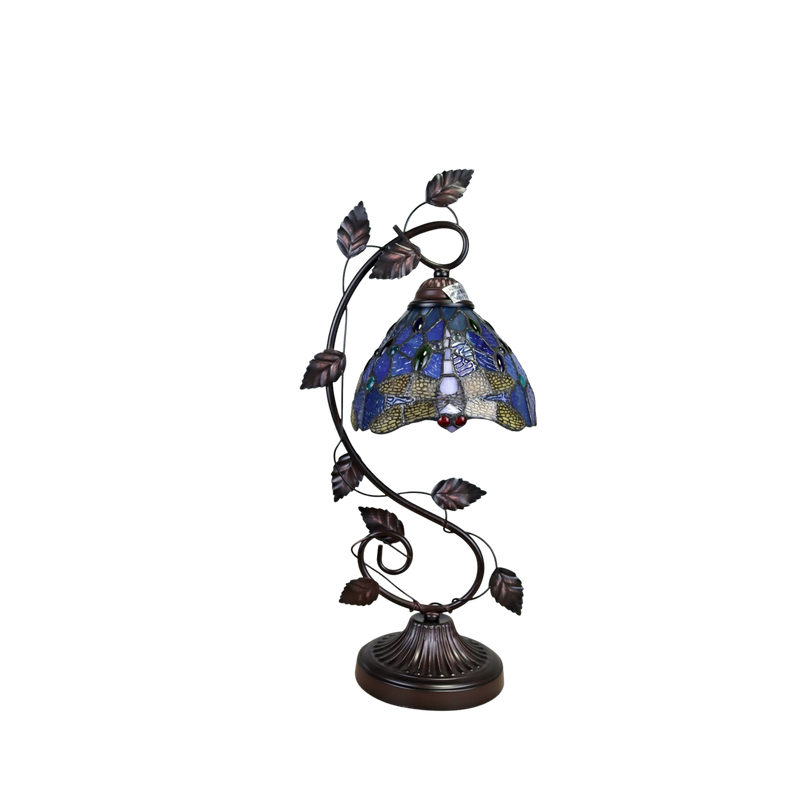Unlit view. Tiffany Stained Glass Table Lamp Sunniva Dragonfly by Chloe Lighting