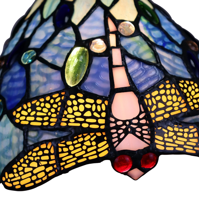Close-up view of dragonfly detail on stained glass shade. Tiffany Stained Glass Table Lamp Sunniva Dragonfly by Chloe Lighting