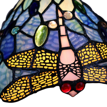 Close-up view of dragonfly detail on stained glass shade. Tiffany Stained Glass Table Lamp Sunniva Dragonfly by Chloe Lighting