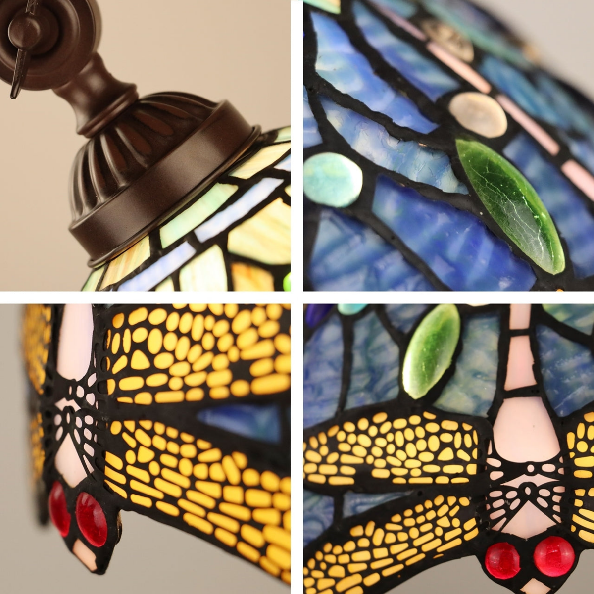closeup view of shade. Tiffany Stained Glass Floor Lamp Sunniva Dragonfly Reading by Chloe Lighting