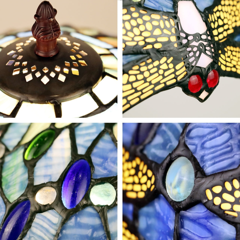 Close-up views of shade, stained glass, and lamp details. Tiffany Inspired Table Lamp Sunniva Dragonfly by Chloe Lighting