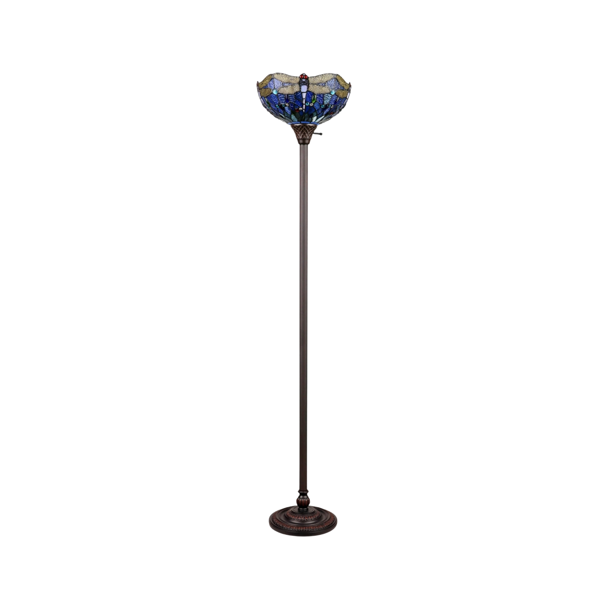 Unlit view. 69-inch Tiffany Glass Floor Lamp Sunniva Dragonfly Torchiere by Chloe Lighting