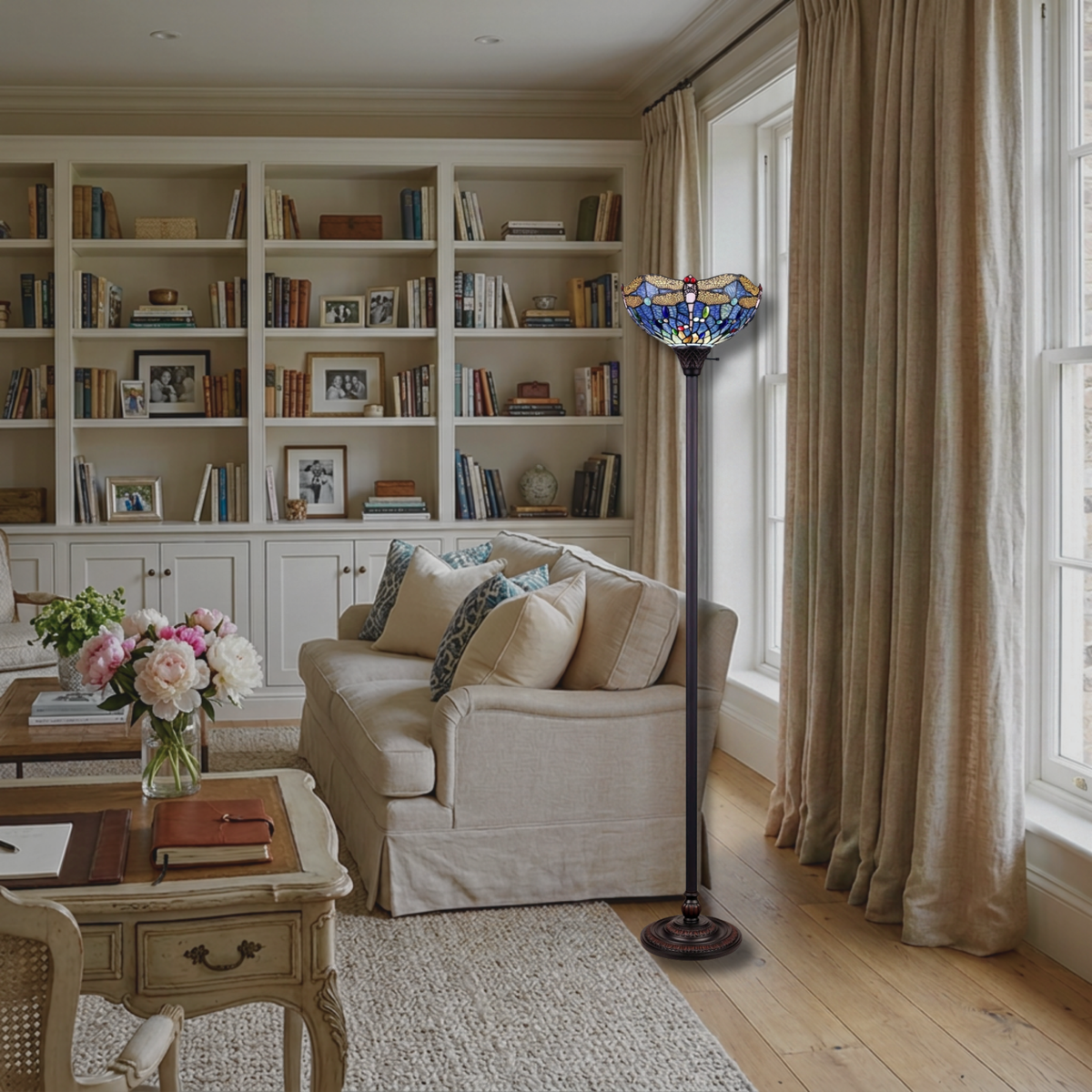 Tiffany Glass Floor Lamp Sunniva Dragonfly Torchiere by Chloe Lighting in living room setting. 