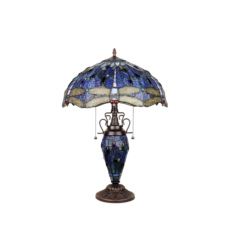 Unlit view. Tiffany Glass Table Lamp Sunniva Dragonfly Double Lit by Chloe Lighting