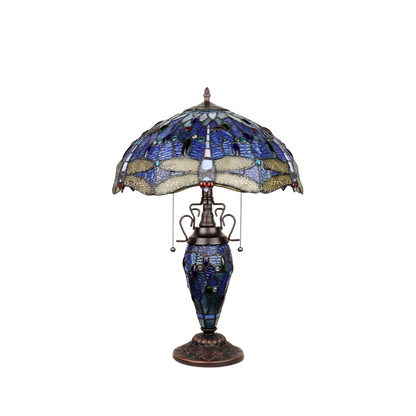 Unlit view. Tiffany Glass Table Lamp Sunniva Dragonfly Double Lit by Chloe Lighting