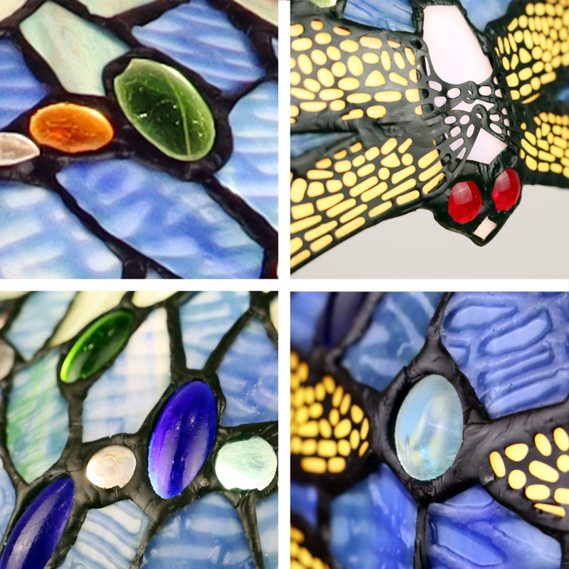 Close-up views of shade, stained glass, and lamp details. Tiffany Glass Table Lamp Sunniva Dragonfly Double Lit by Chloe Lighting