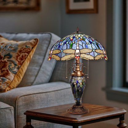 23-inch Tiffany Glass Table Lamp Sunniva Dragonfly Double Lit by Chloe Lighting in living room setting