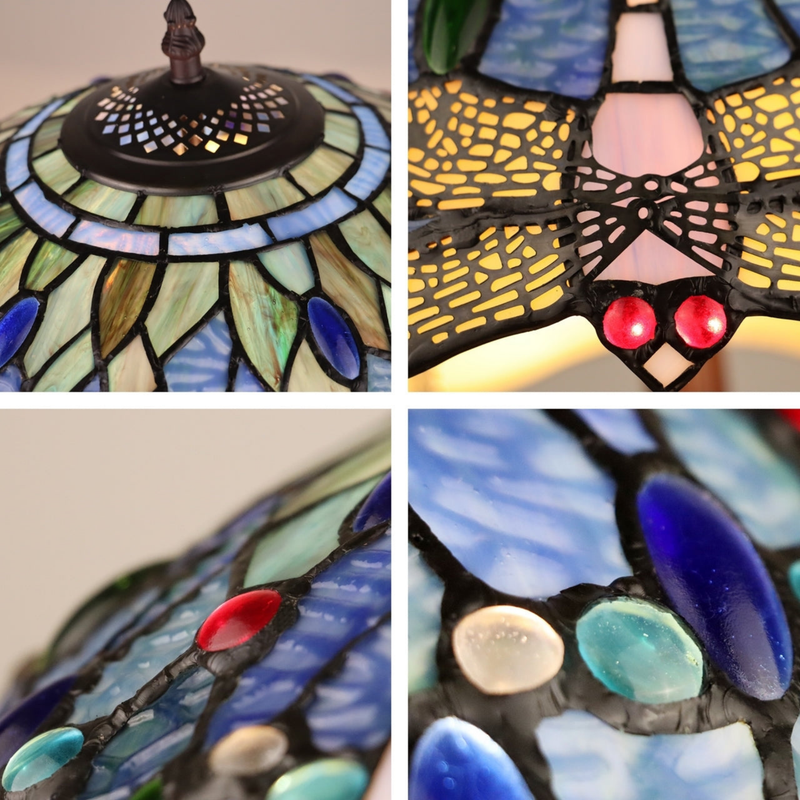 Close-up views of shade, stained glass, and lamp details. Vintage Tiffany Table Lamp Sunniva Dragonfly by Chloe Lighting
