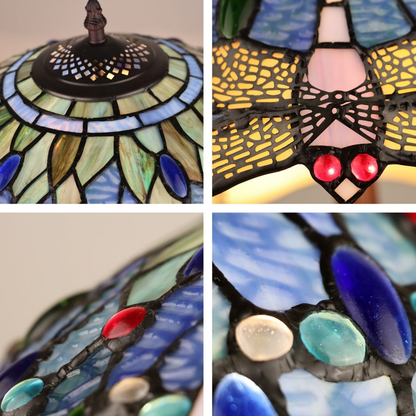 Close-up views of shade, stained glass, and lamp details. Vintage Tiffany Table Lamp Sunniva Dragonfly by Chloe Lighting