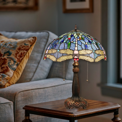 21-inch Vintage Tiffany Table Lamp Sunniva Dragonfly by Chloe Lighting in living room setting