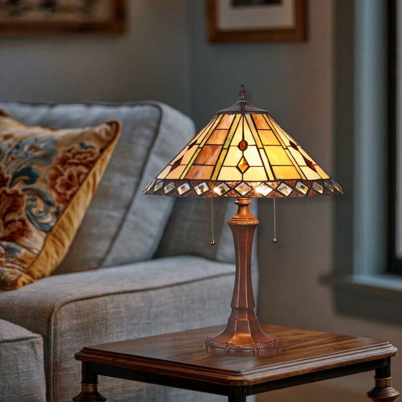 22-inch Tiffany Glass Table Lamp Godwine Geometric by Chloe Lighting in living room setting