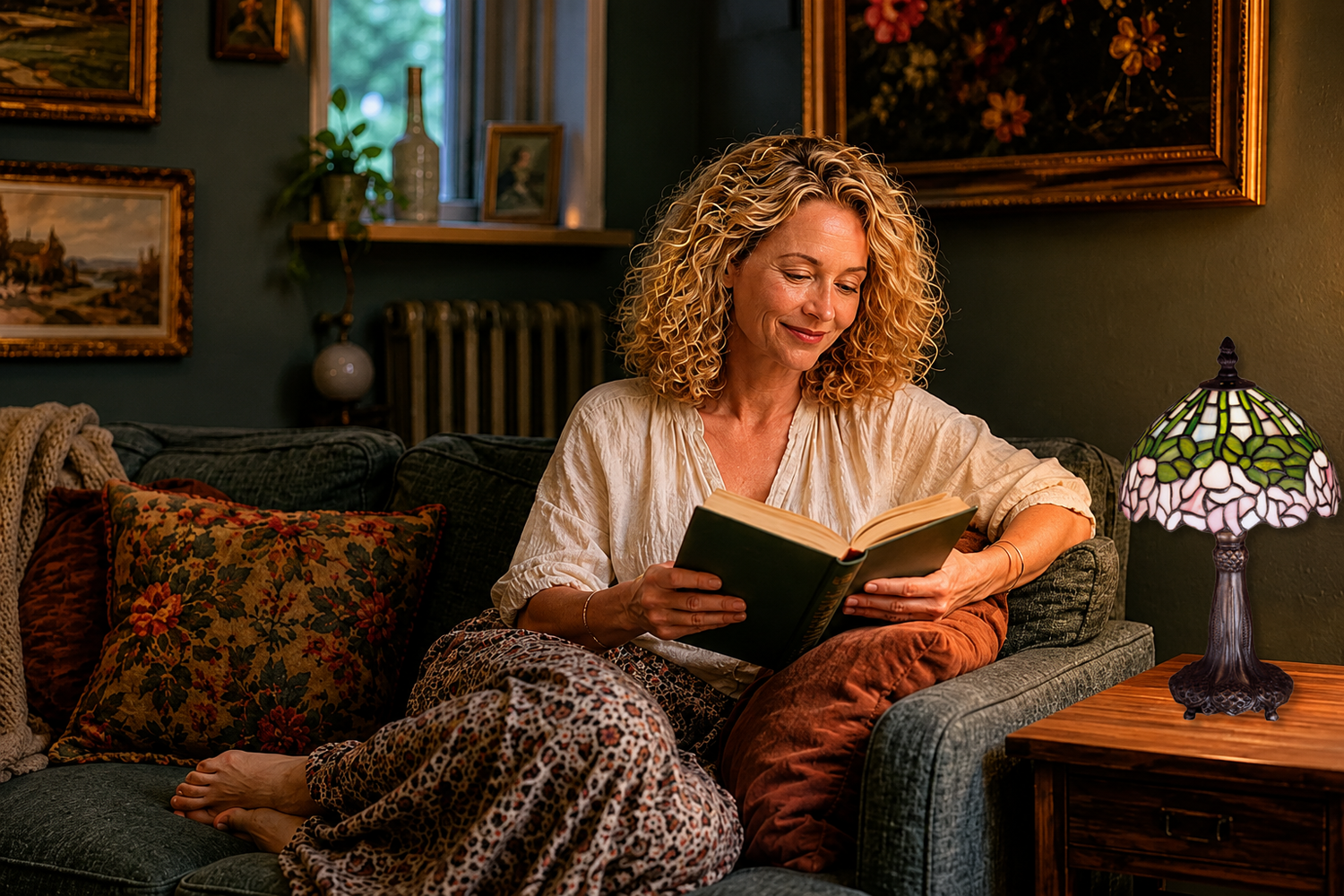 Woman reading book in living room. Tiffany Cabbage Rose lamp featured. 
