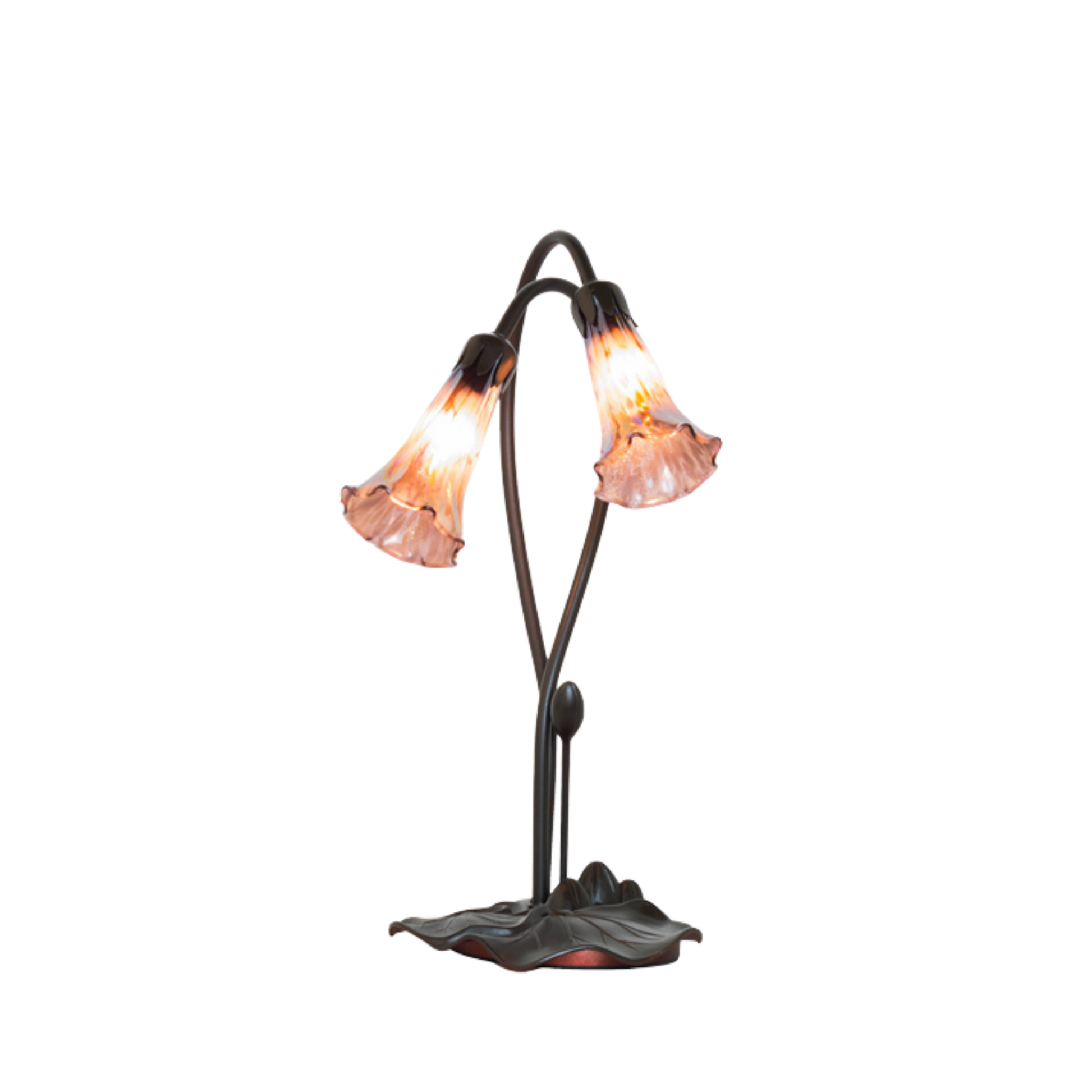 Title: 16-inch Tiffany Flower Lamp Purple Iridescent Pond Lily Accent Front View