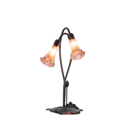 Title: 16-inch Tiffany Flower Lamp Purple Iridescent Pond Lily Accent Front View